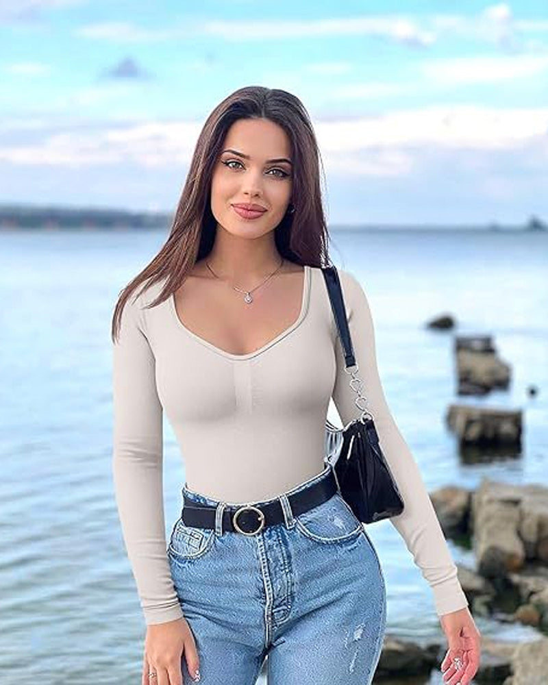 Curvefaja® Seamless Long Sleeve V-Neck Sculpting Bodysuit