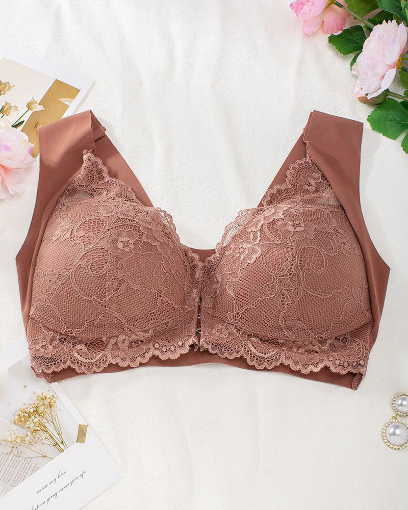 Curvefaja® Women's Contrast Lace Hook & Eye Front PushUp Bra