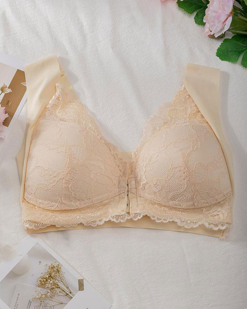 Curvefaja® Women's Contrast Lace Hook & Eye Front PushUp Bra