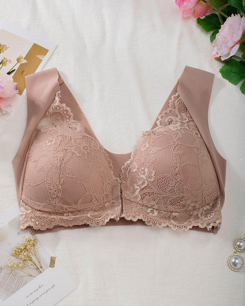 Curvefaja® Women's Contrast Lace Hook & Eye Front PushUp Bra