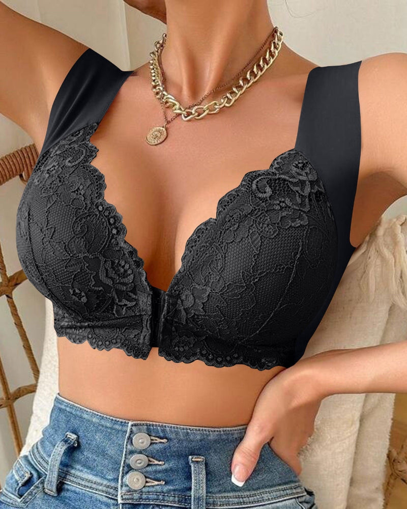 Curvefaja® Women's Contrast Lace Hook & Eye Front PushUp Bra