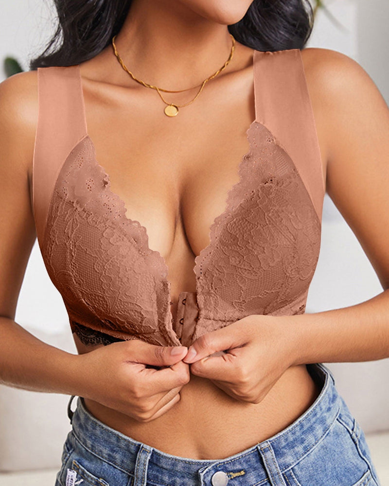 Curvefaja® Women's Contrast Lace Hook & Eye Front PushUp Bra