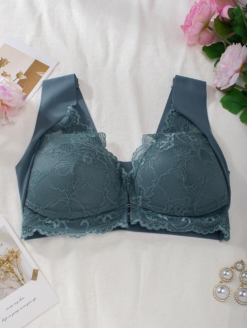 Curvefaja® Women's Contrast Lace Hook & Eye Front PushUp Bra
